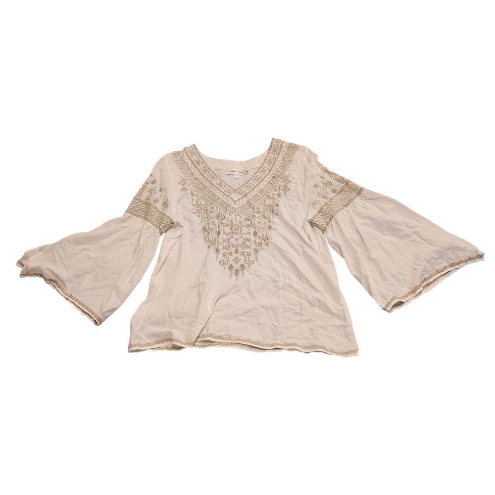 Chelsea & Theodore White Embroidered Boho Bell Sleeve Rayon Peasant Blouse Small